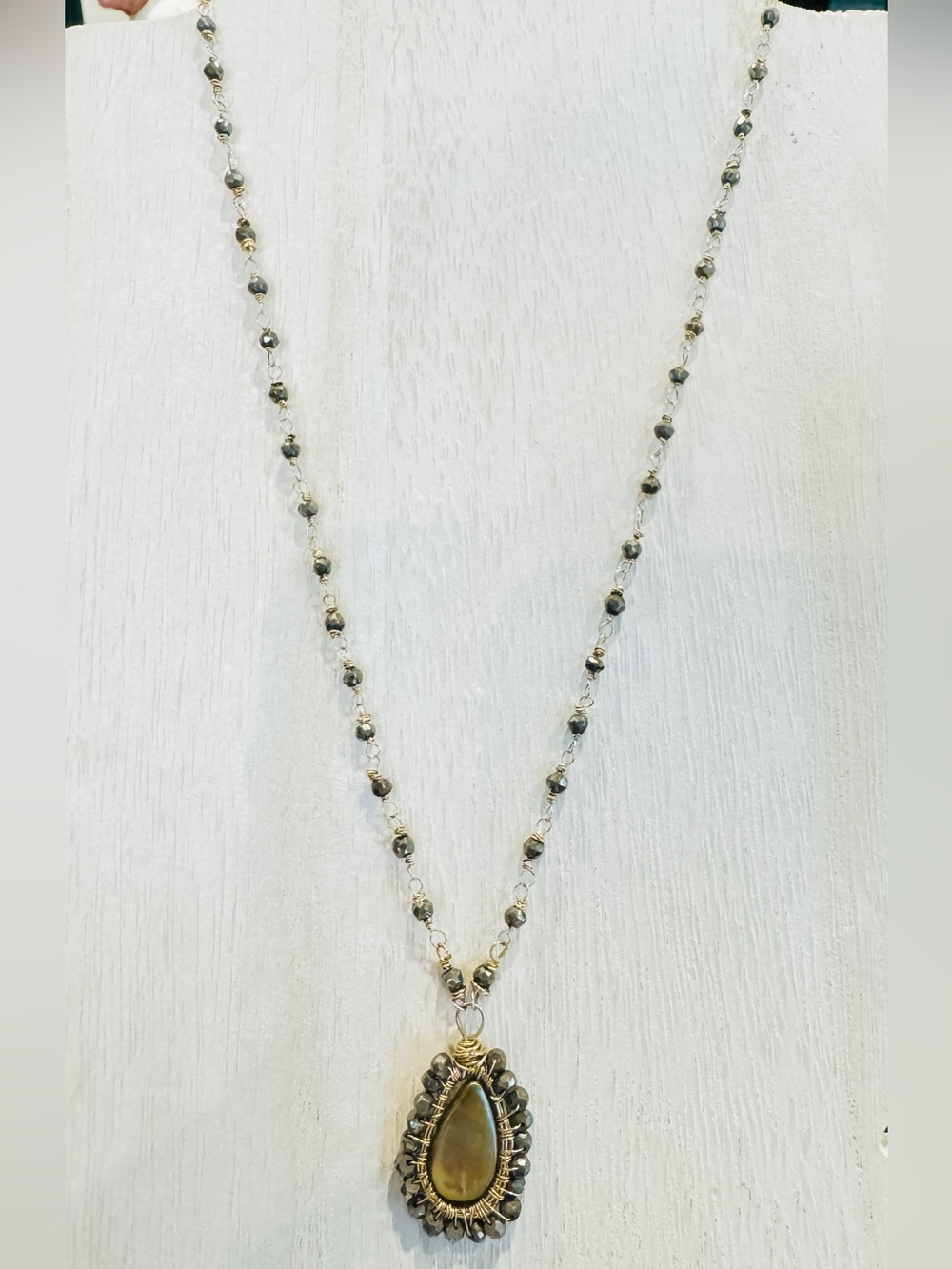 Natural Green Pearl and Pyrite Necklace, 14k gold-fill wire